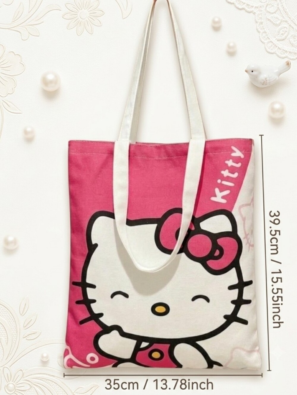 NWT Cute Cartoon Cat Tote Bag Pink White Kawaii Canvas Shoulder Bag Hello Kitty